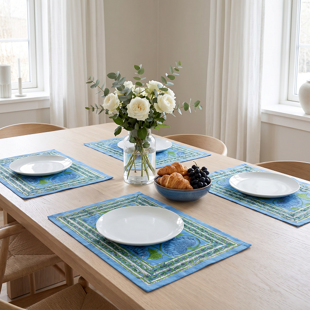 Hand Block Printed Cotton Canvas Table Mat 32x48 cms Set of 2 Table mats Kamal Aqua Gud 206678