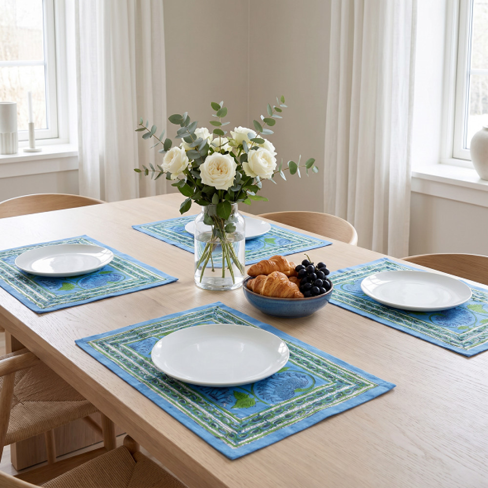 Image of Hand Block Printed Cotton Canvas Table Mat 32x48 cms (Set of 2 Table mats) | Kamal Aqua Gud 206678