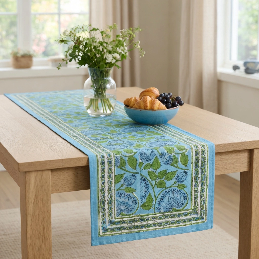 Hand Block Printed Cotton Canvas Table Runner 33x170 cms  Kamal Aqua Gud 206724