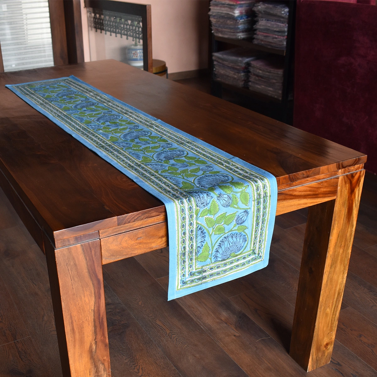 Hand Block Printed Cotton Canvas Table Runner 33x170 cms Kamal Aqua Gud 206724