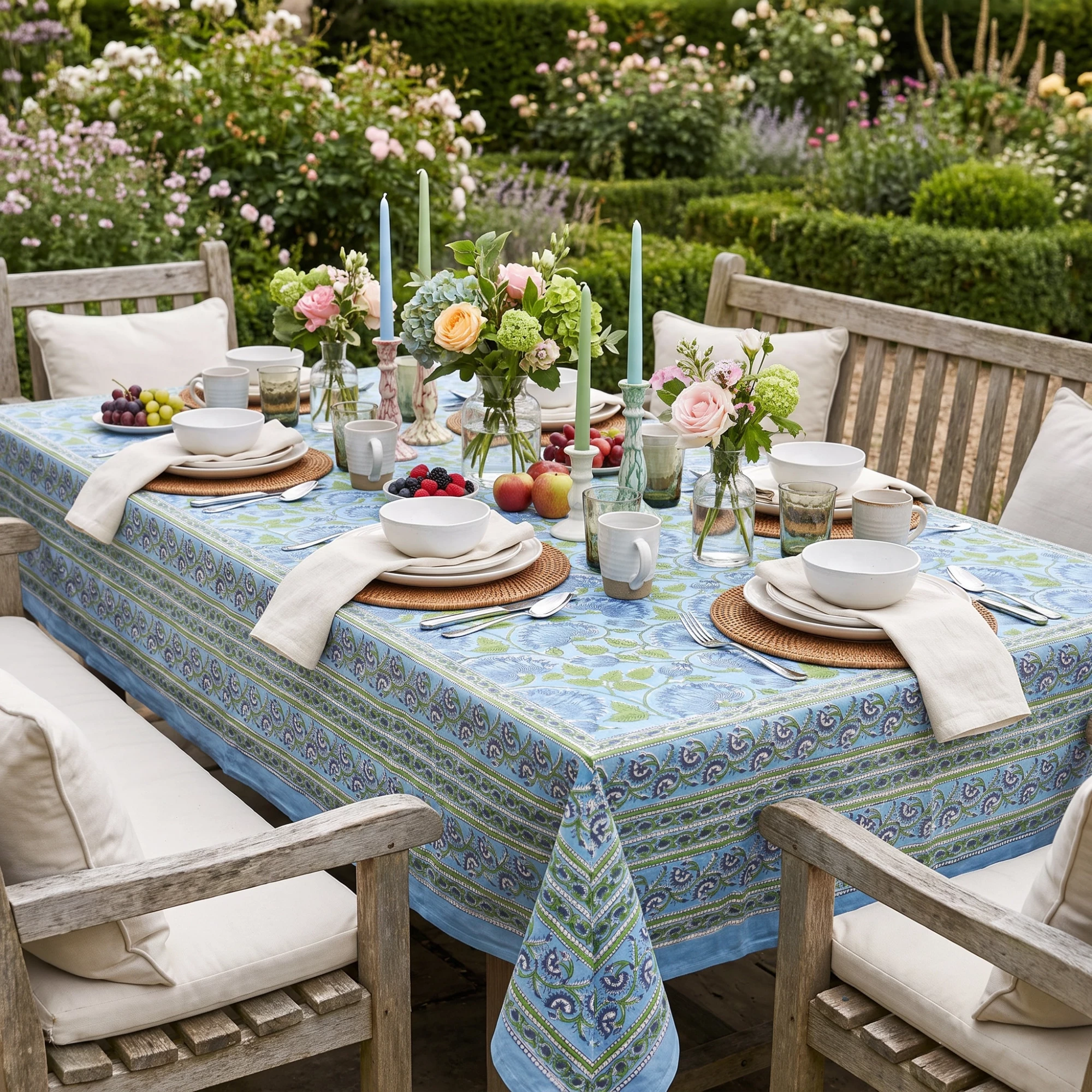 Wood Block Printed Handmade Tablecloth 150x220 cms  Kamal Aqua Gud 105995