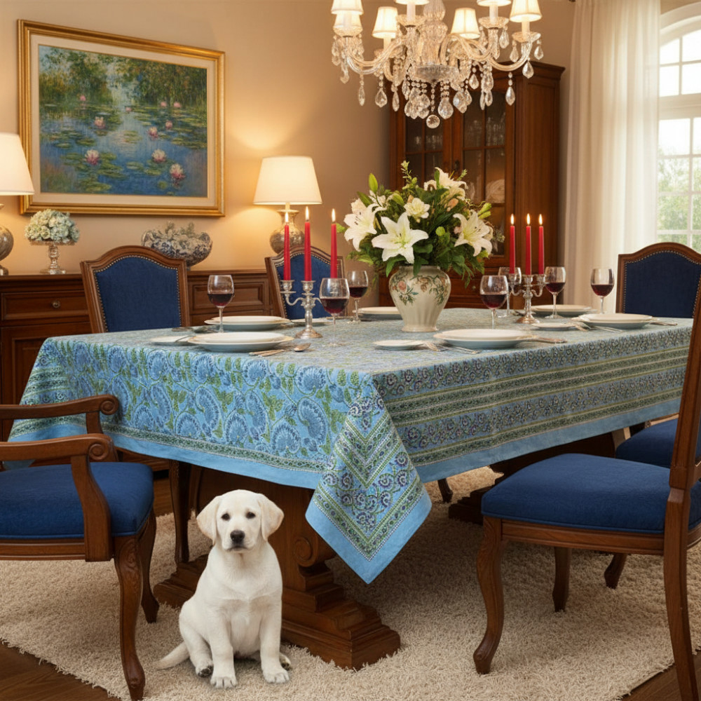 Image of Wood Block Printed Handmade Tablecloth 150x220 cms | Kamal Aqua Gud 105995