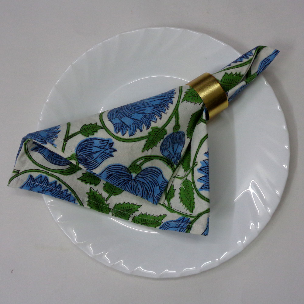 Hand Block Printed Cotton Napkin 45x45 cms Set of 4 Napkins Kamal Aqua Open 106099