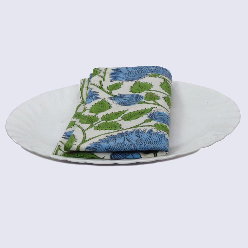 Hand Block Printed Cotton Napkin 45x45 cms Set of 4 Napkins Kamal Aqua Open 106099
