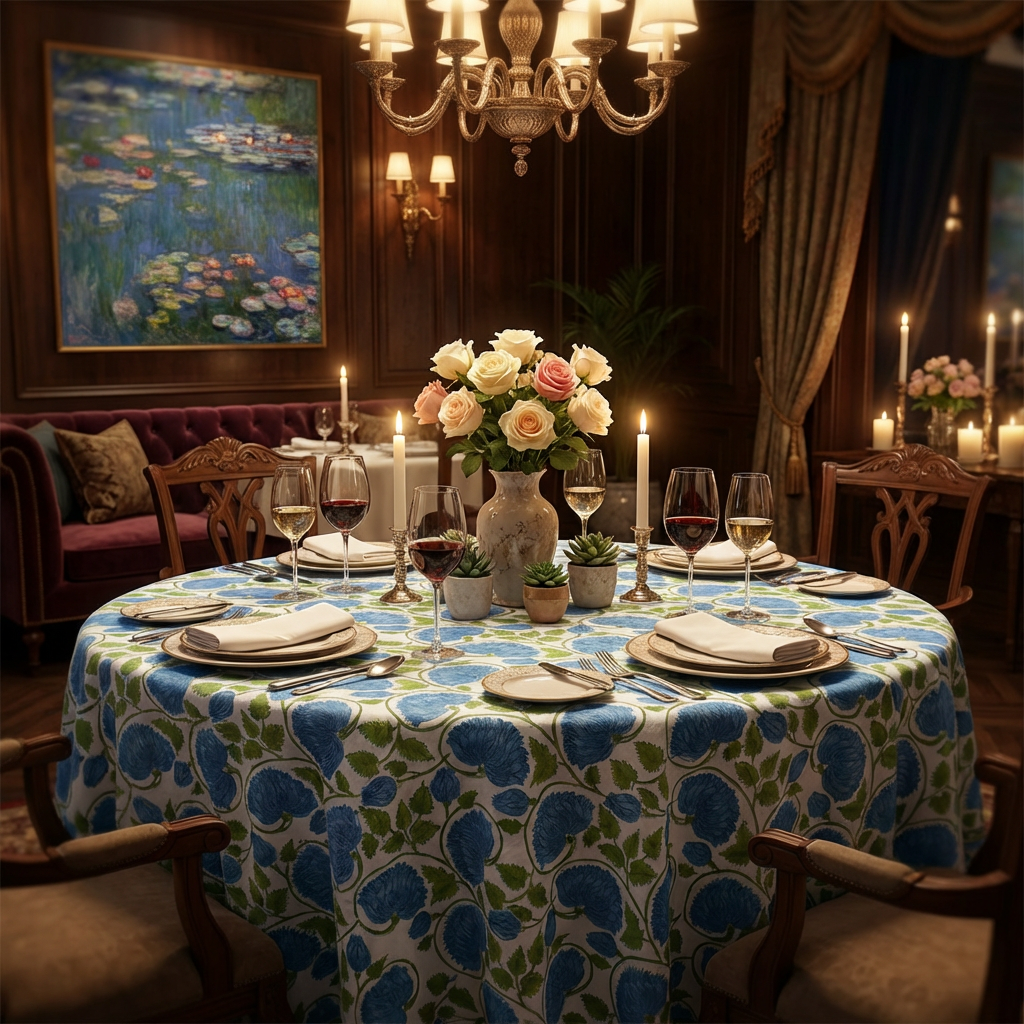 Hand Block Printed Cotton Round Tablecloth 220 cms  Kamal Aqua Open 106099