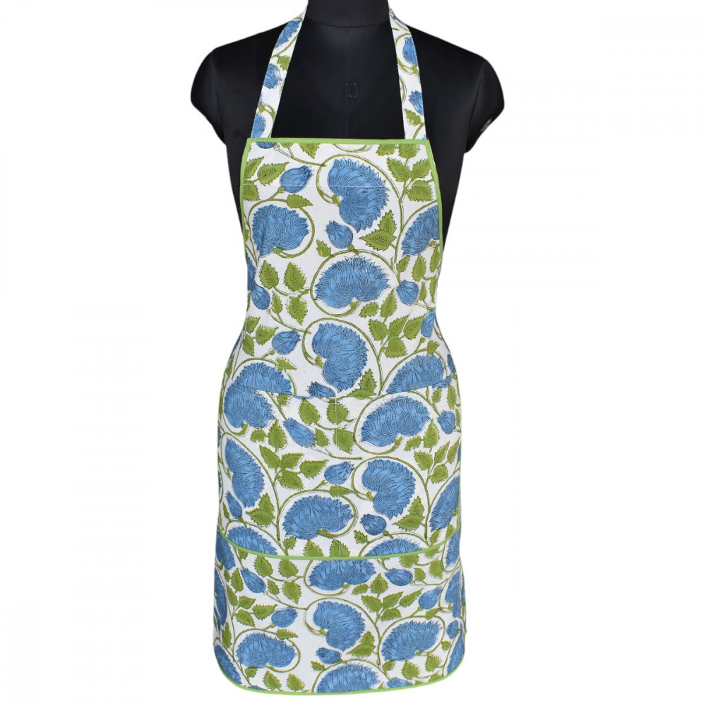 Image of Indian Block-Printed 100% Cotton Apron | Kamal Aqua Open 106099