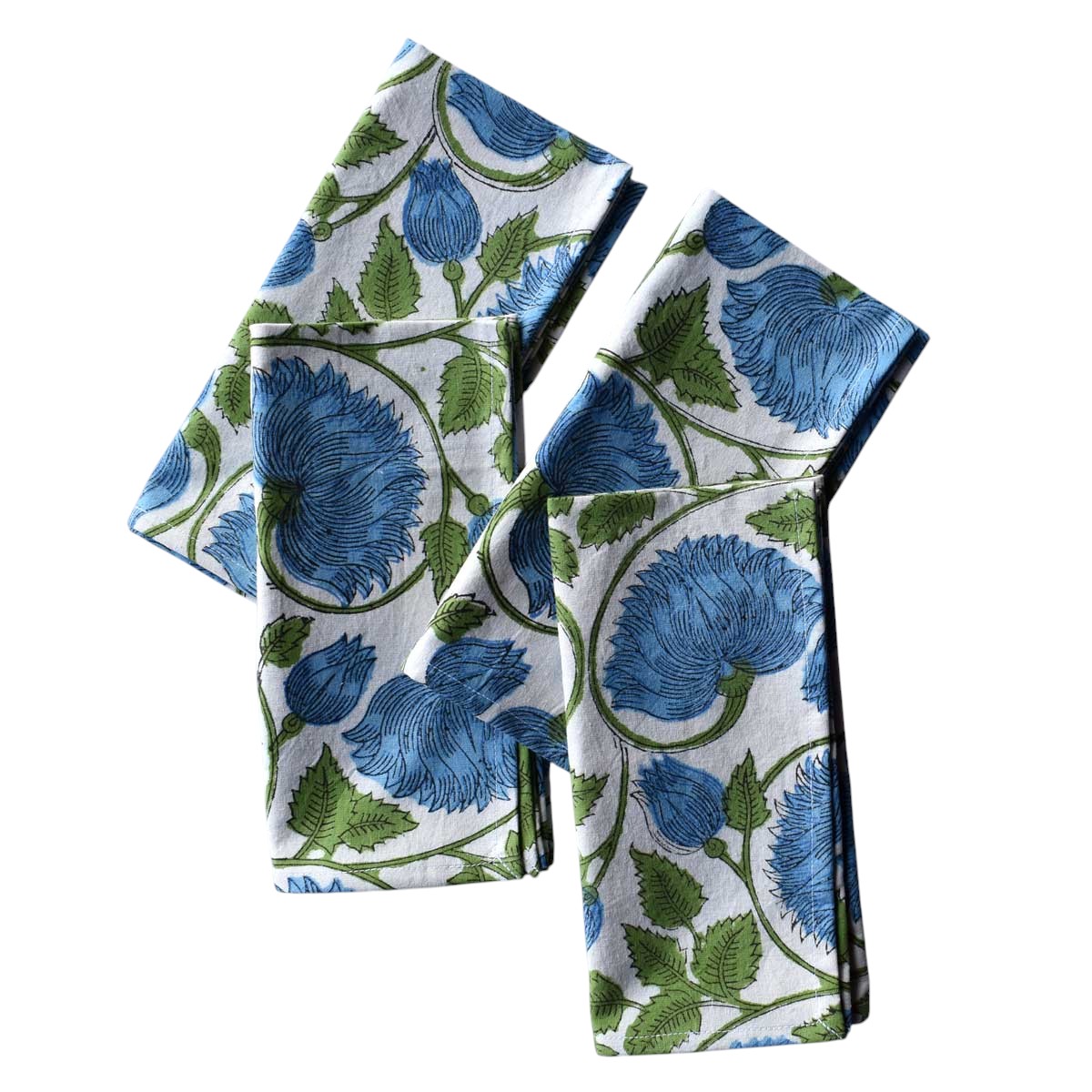 Hand Block Printed Cotton Napkin 45x45 cms Set of 4 Napkins Kamal Aqua Open 106099