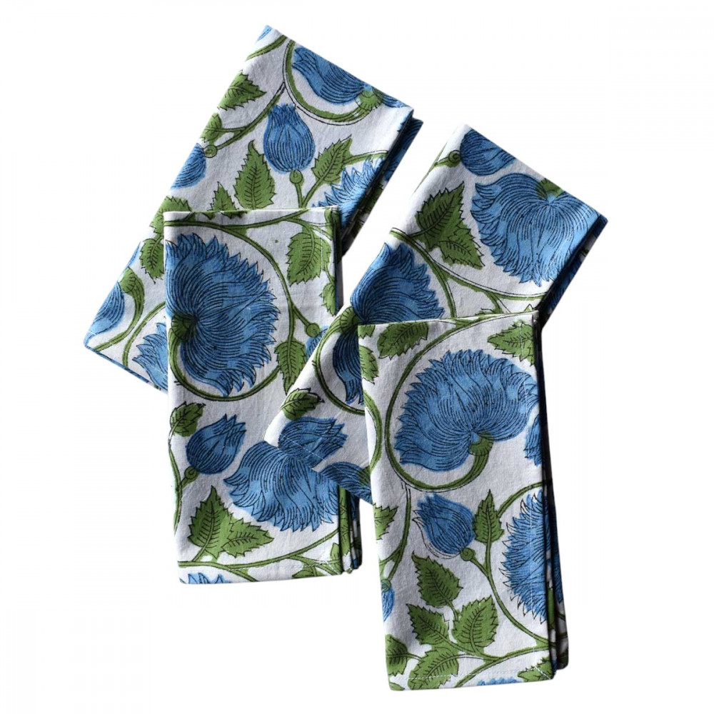 Image of Hand Block Printed Cotton Napkin 45x45 cms (Set of 4 Napkins) | Kamal Aqua Open 106099