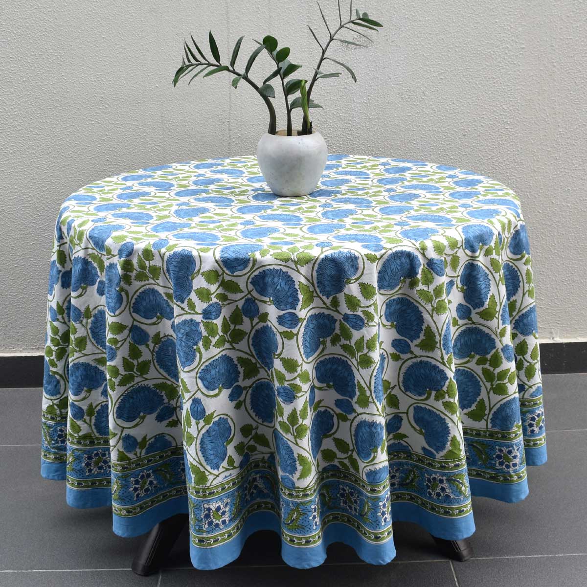 Hand Block Printed Cotton Round Tablecloth 180 cms Kamal Aqua Open 106099