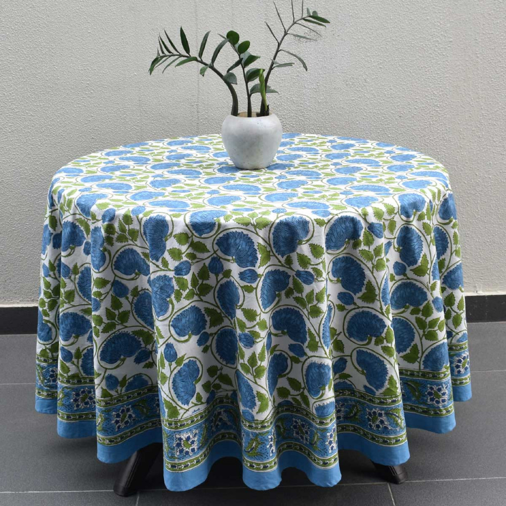 Image of Hand Block Printed Cotton Round Tablecloth 180 cms | Kamal Aqua Open 106099