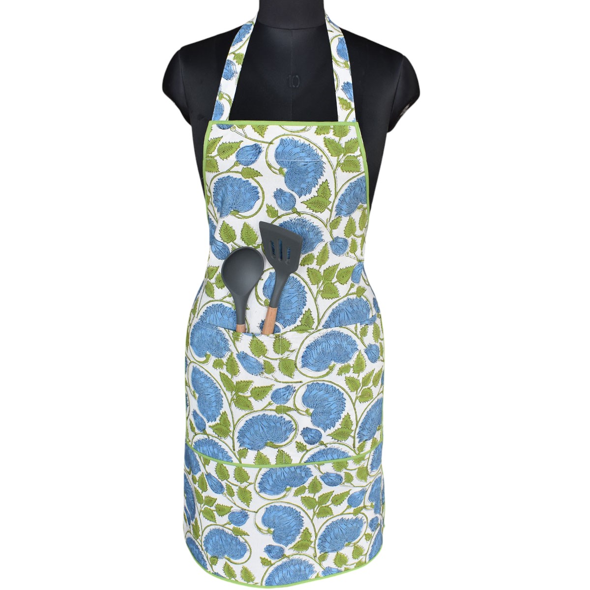 Indian Block-Printed 100 Cotton Apron Kamal Aqua Open 106099