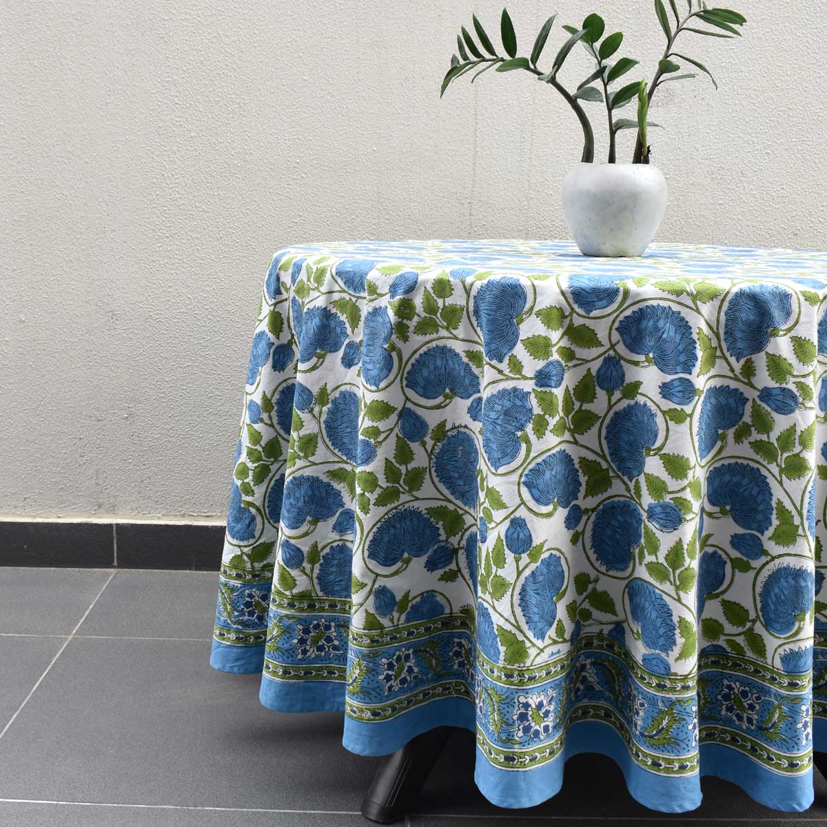 Hand Block Printed Cotton Round Tablecloth 220 cms Kamal Aqua Open 106099