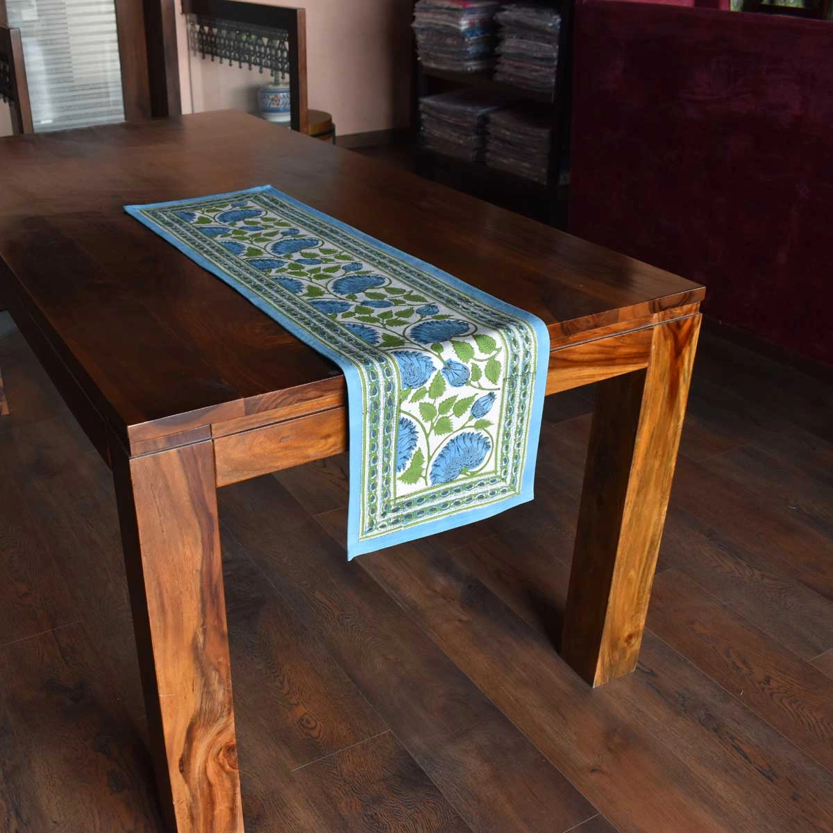 Hand Block Printed Cotton Canvas Table Runner 33x120 cms Kamal Aqua Open 106099