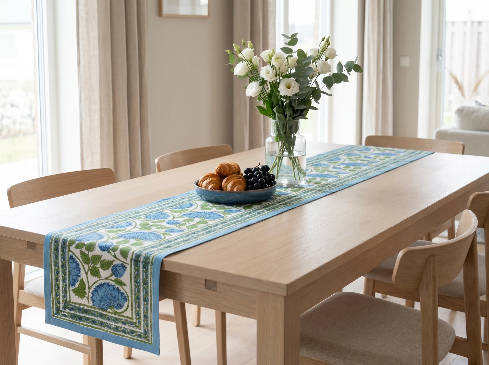 Hand Block Printed Cotton Canvas Table Runner 33x120 cms Kamal Aqua Open 106099