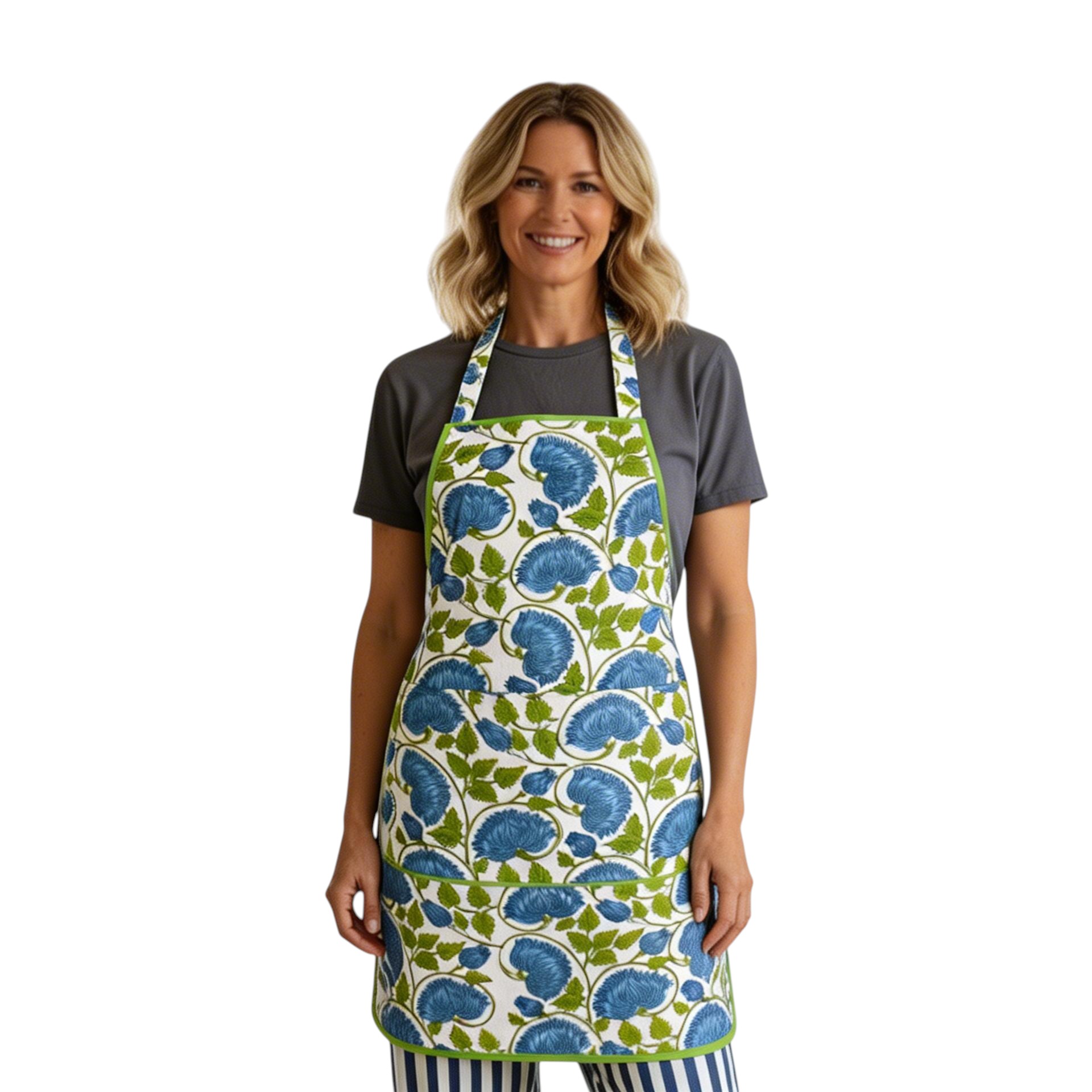 Indian Block-Printed 100 Cotton Apron Kamal Aqua Open 106099