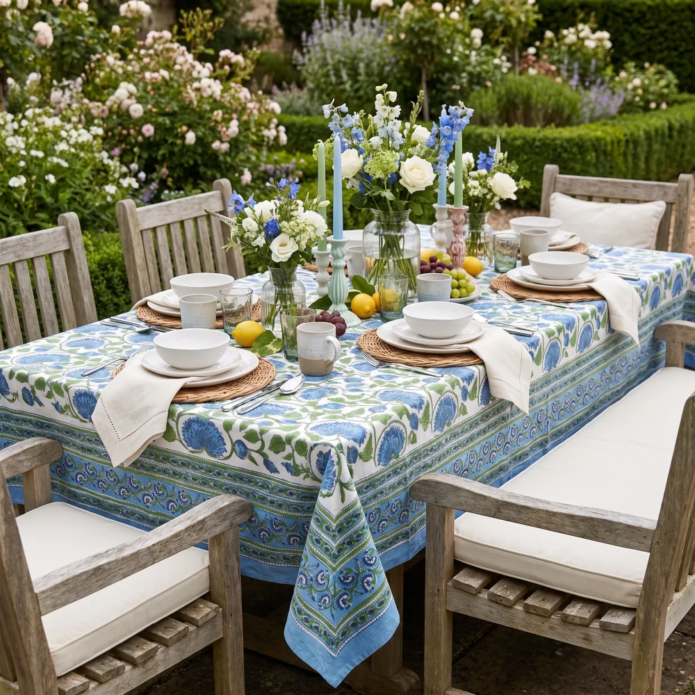 Image of Wood Block Printed Handmade Tablecloth 150x220 cms | Kamal Aqua Open 106099