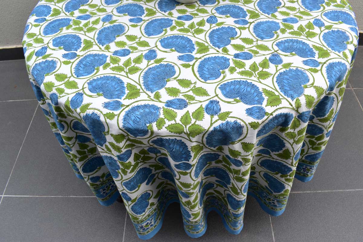 Hand Block Printed Cotton Round Tablecloth 180 cms Kamal Aqua Open 106099