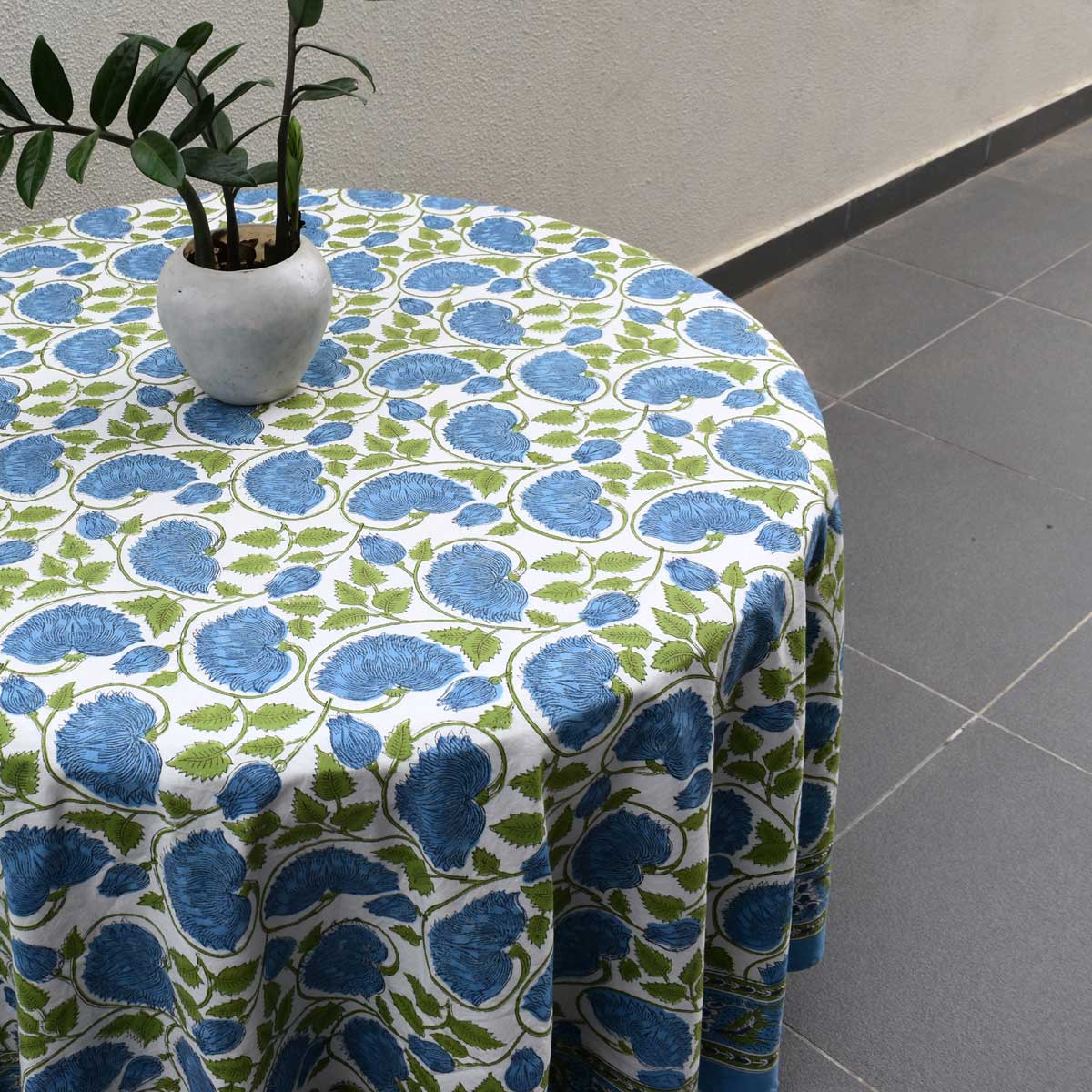 Hand Block Printed Cotton Round Tablecloth 150 cms Kamal Aqua Open 106099