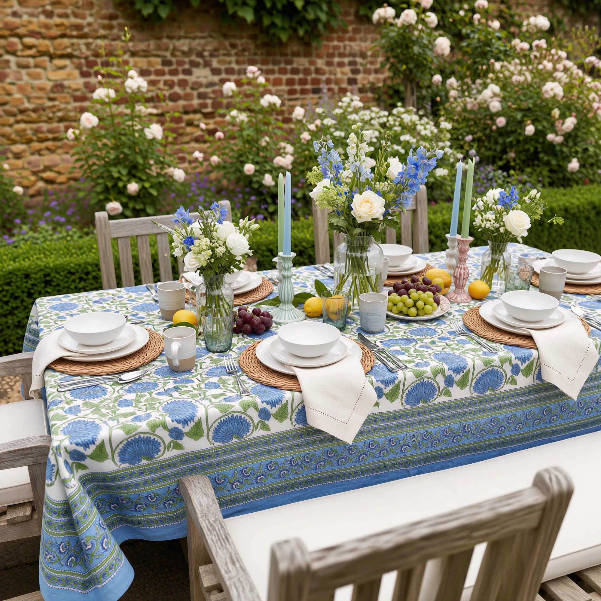 Wood Block Printed Handmade Tablecloth 150x220 cms Kamal Aqua Open 106099