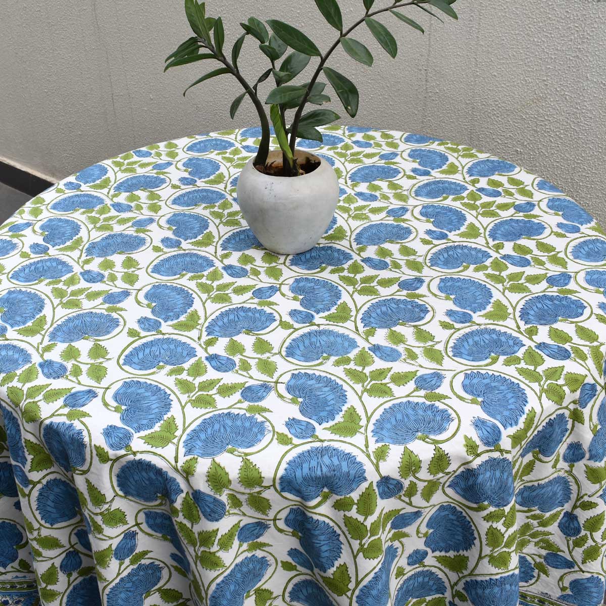 Hand Block Printed Cotton Round Tablecloth 150 cms Kamal Aqua Open 106099