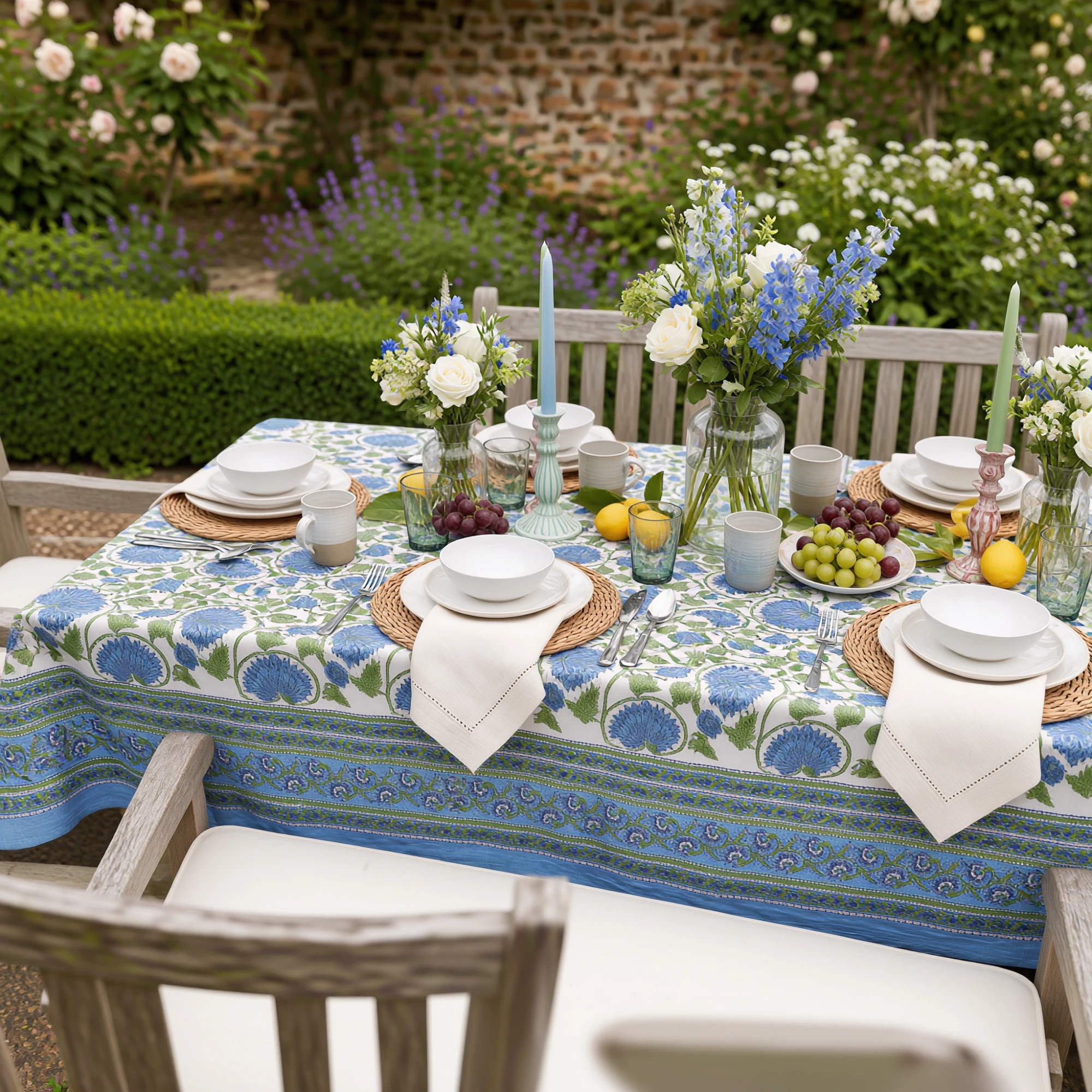 Wood Block Printed Handmade Tablecloth 150x220 cms  Kamal Aqua Open 106099