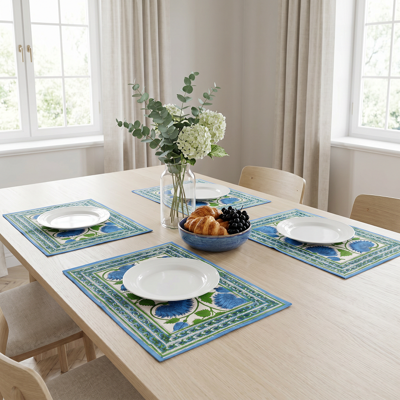 Hand Block Printed Cotton Canvas Table Mat 32x48 cms Set of 2 Table mats Kamal Aqua Open 106099