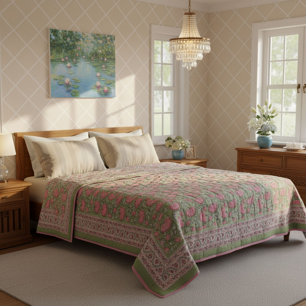 Hand Block Printed Cotton King Size Quilt Kamal Gulabi 102210