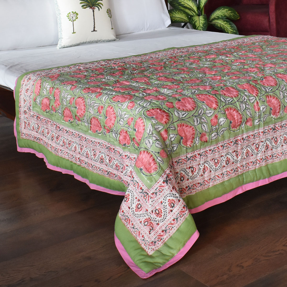 Hand Block Printed Cotton Twin Size Quilt Kamal Gulabi 101968