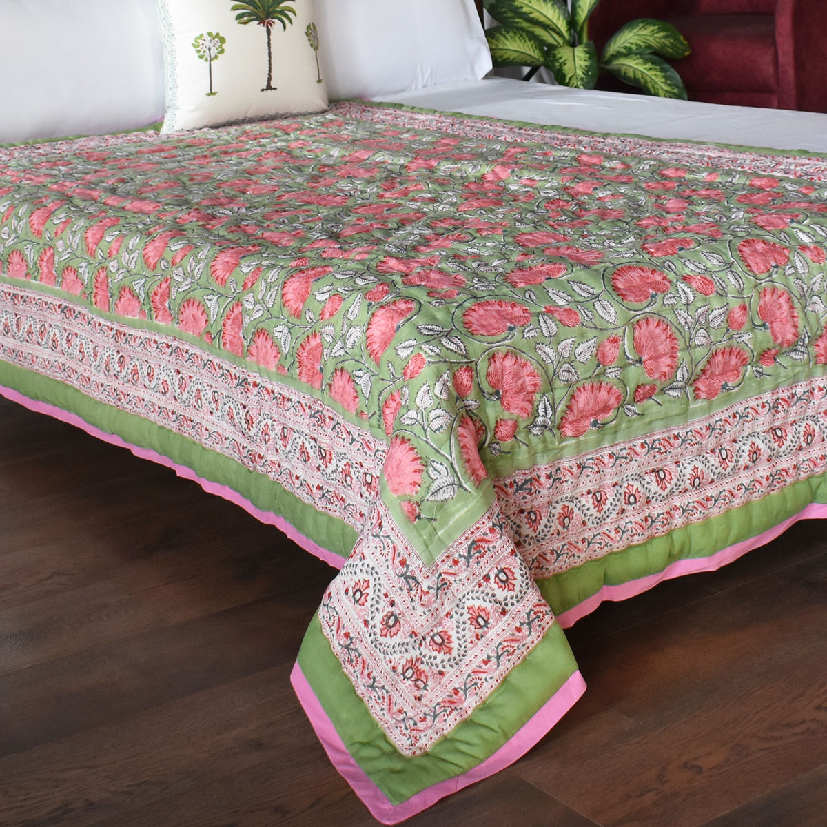 Hand Block Printed Cotton Twin Size Quilt Kamal Gulabi 101968