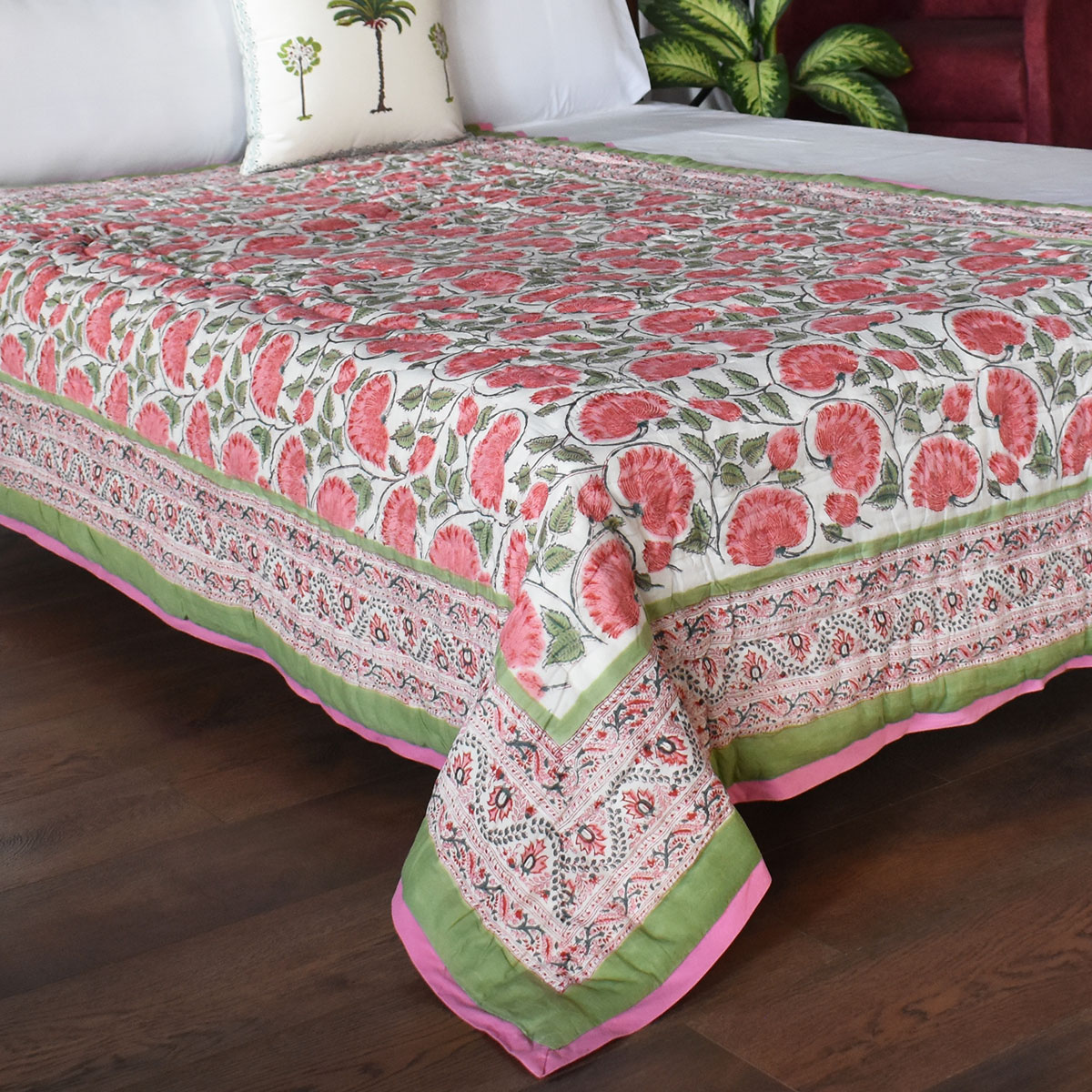 Hand Block Printed Cotton Twin Size Quilt Kamal Gulabi 101968