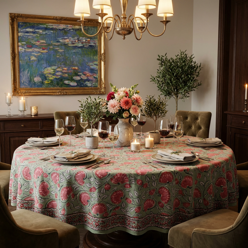 Hand Block Printed Cotton Round Tablecloth 220 cm  Kamal Gulabi Gud 206591