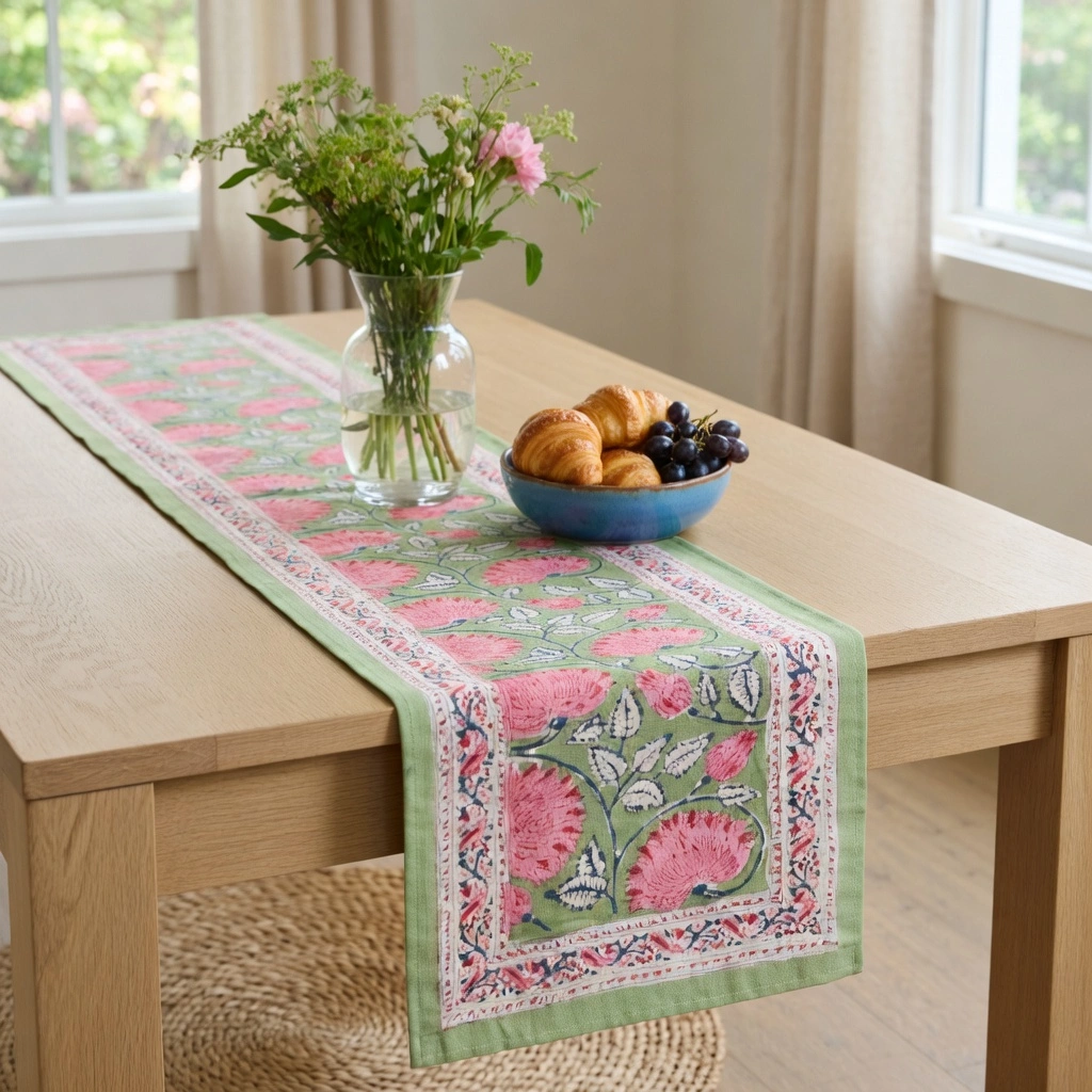 Hand Block Printed Cotton Canvas Table Runner 33x170 cms Kamal Gulabi Gud 206591