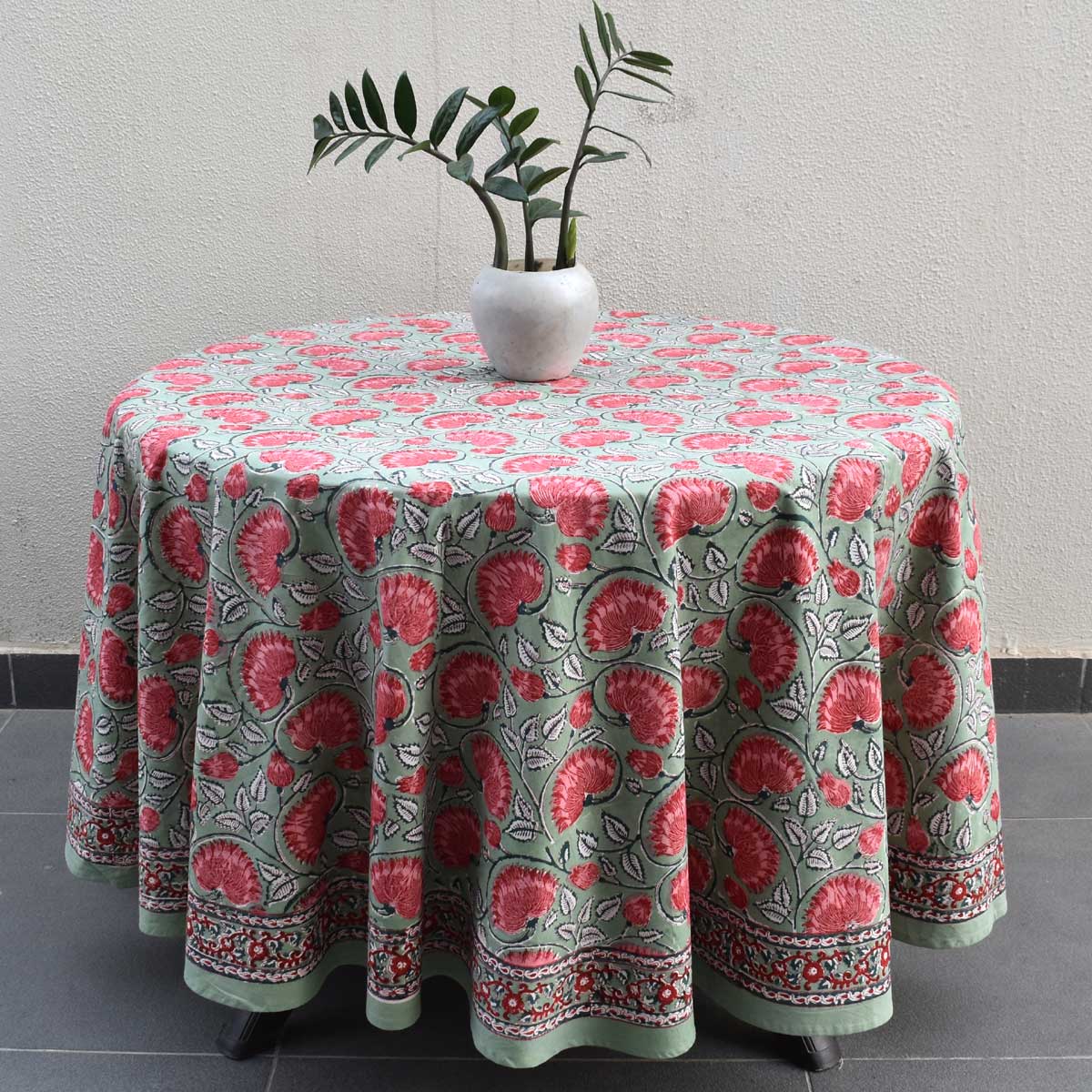 Hand Block Printed Cotton Round Tablecloth 275 cms Kamal Gulabi Gud 206591