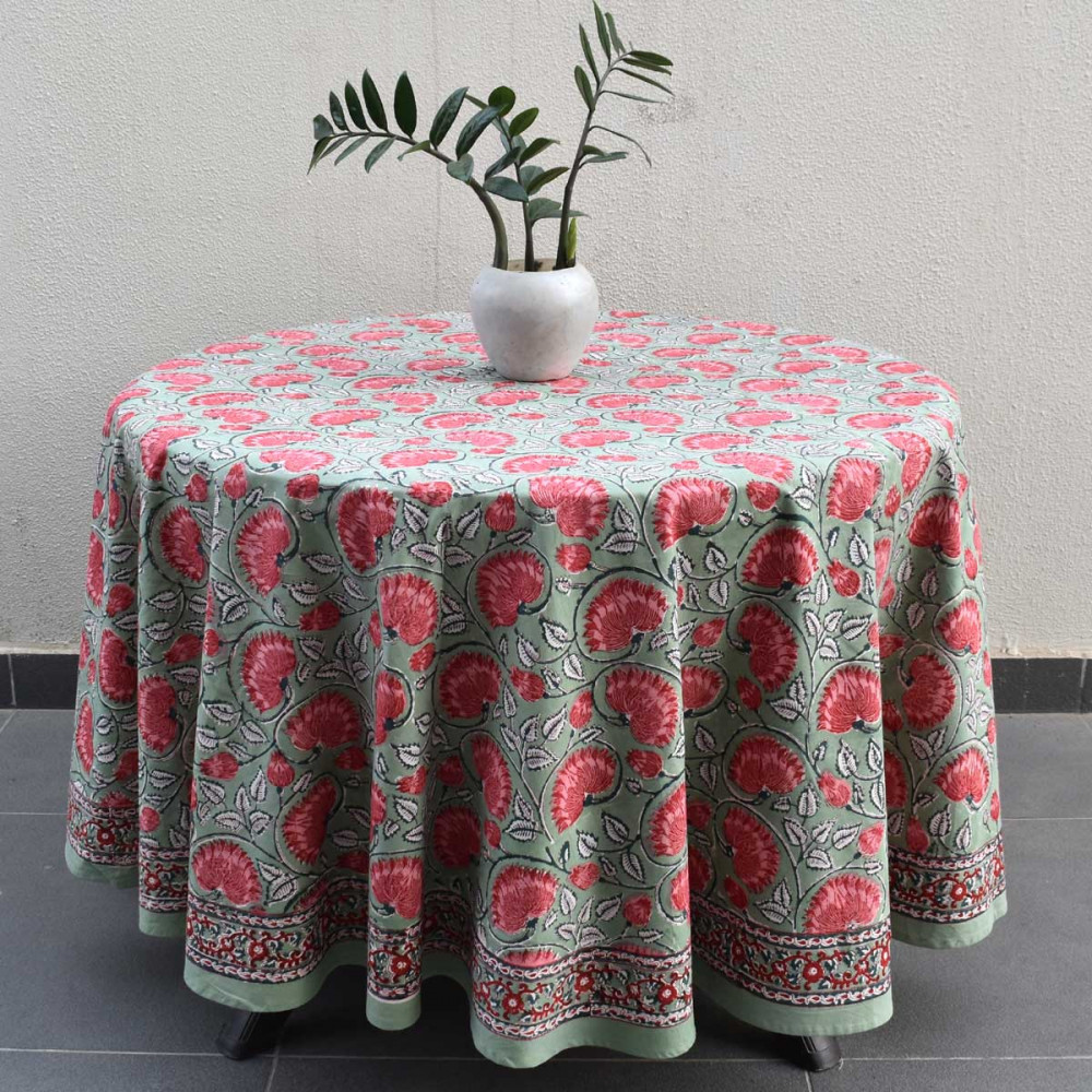 Image of Hand Block Printed Cotton Round Tablecloth 275 cms | Kamal Gulabi Gud 206591