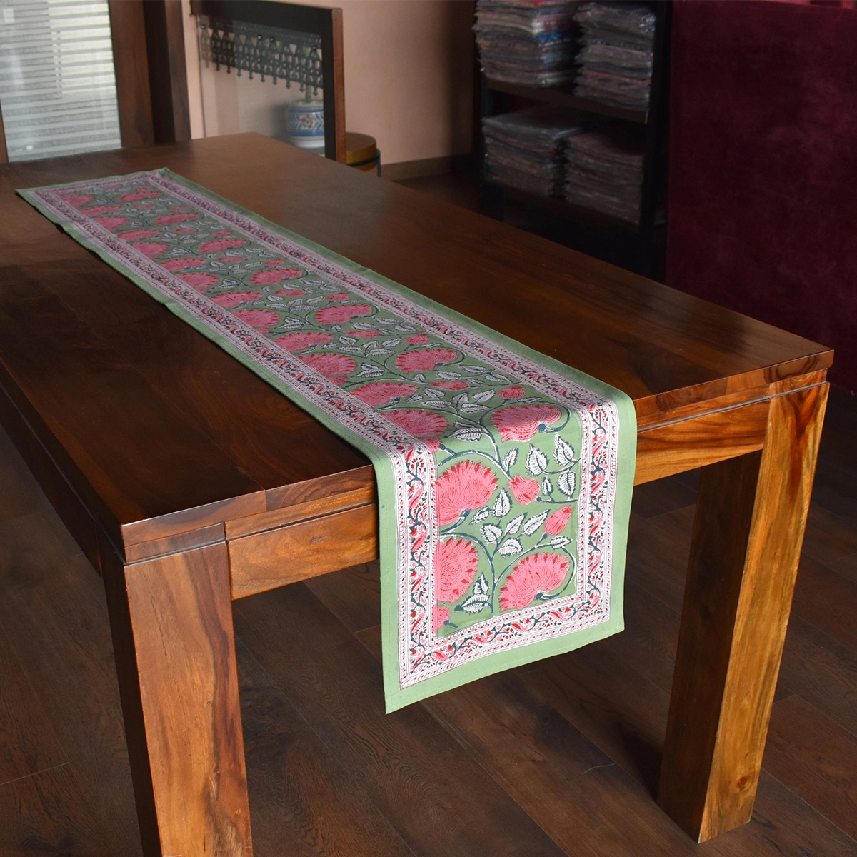 Hand Block Printed Cotton Canvas Table Runner 33x170 cms Kamal Gulabi Gud 206591