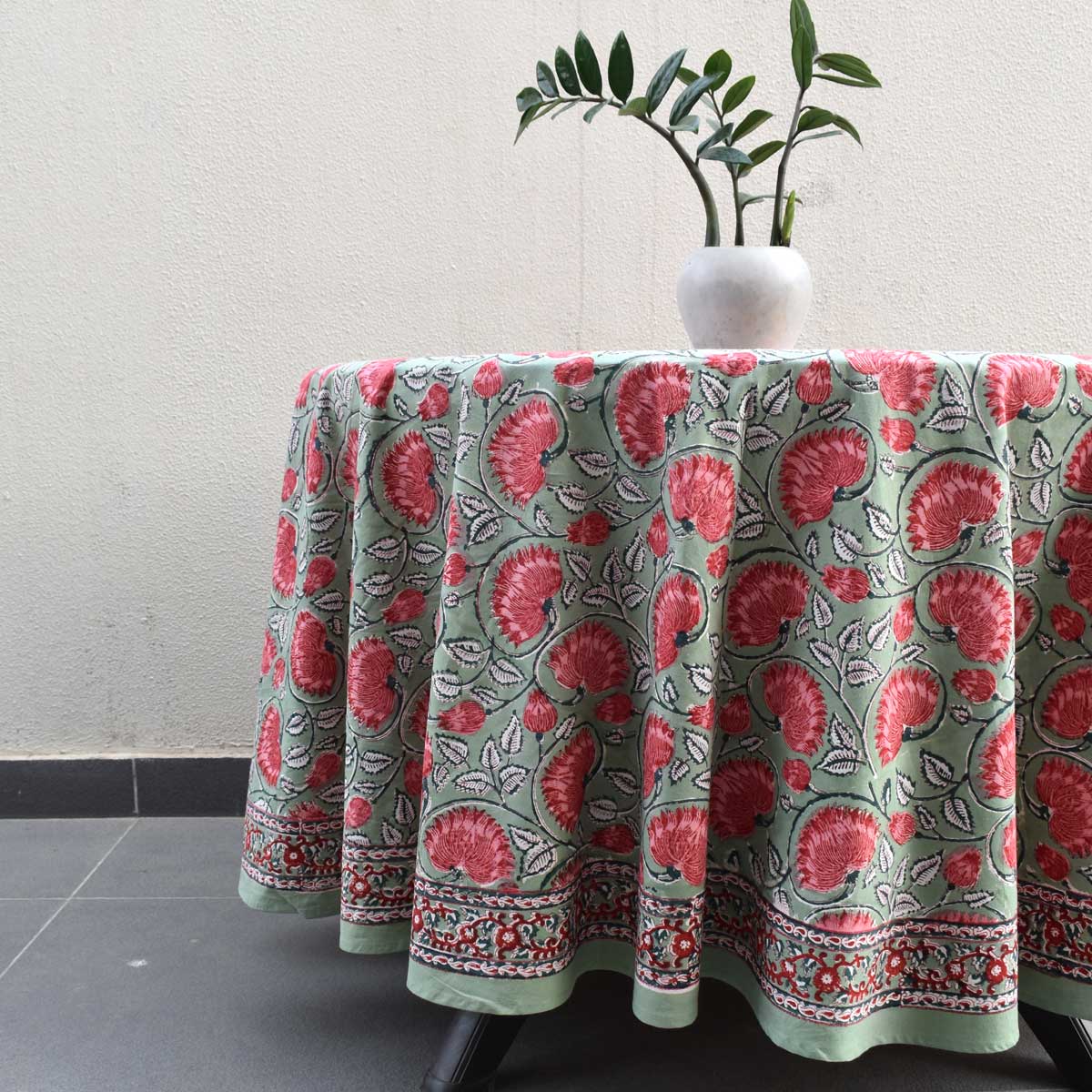 Hand Block Printed Cotton Round Tablecloth 220 cm Kamal Gulabi Gud 206591