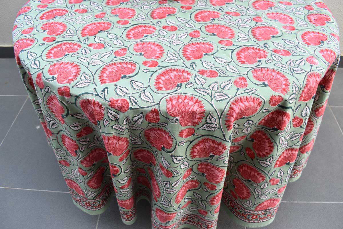 Hand Block Printed Cotton Round Tablecloth 275 cms Kamal Gulabi Gud 206591