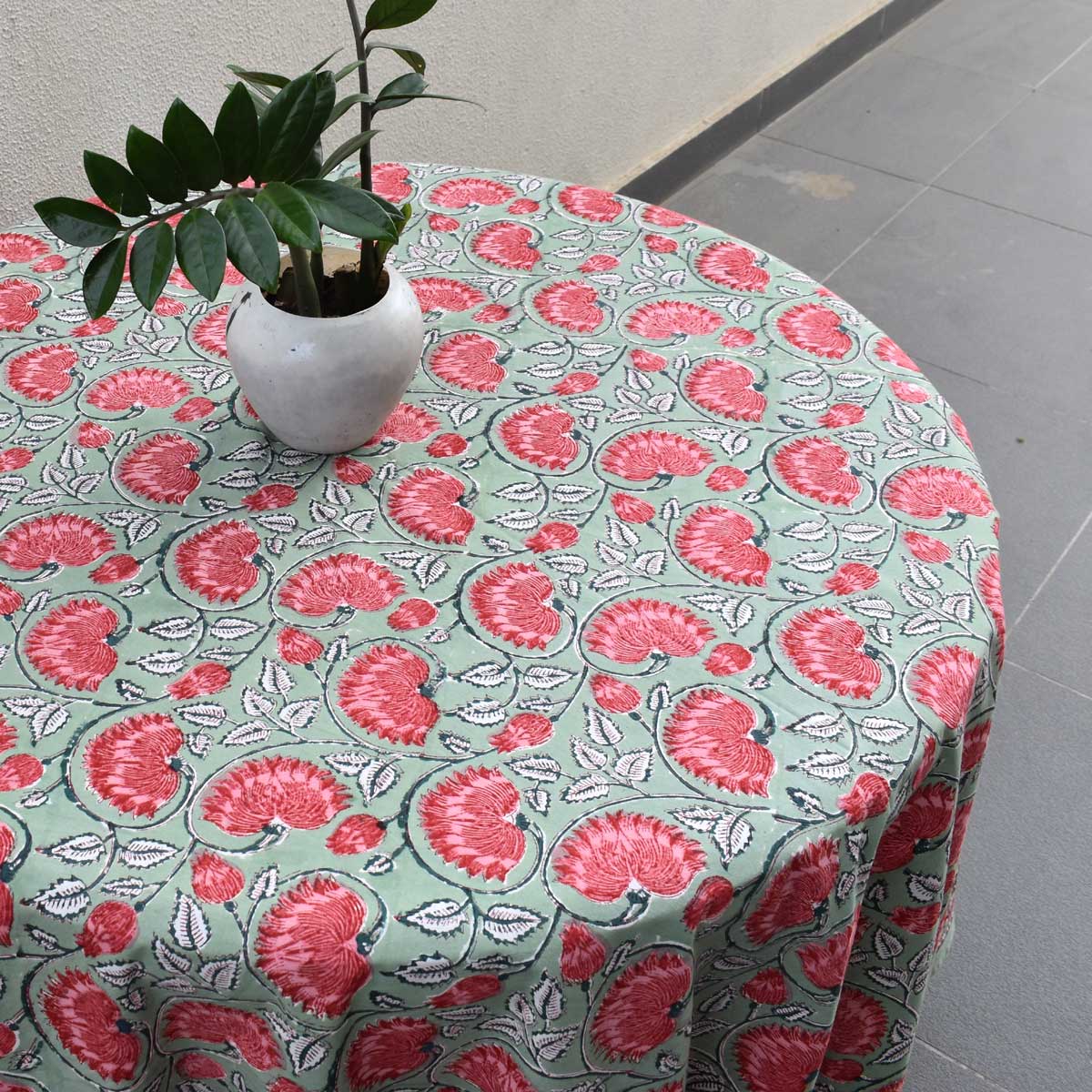 Hand Block Printed Cotton Round Tablecloth 220 cm  Kamal Gulabi Gud 206591