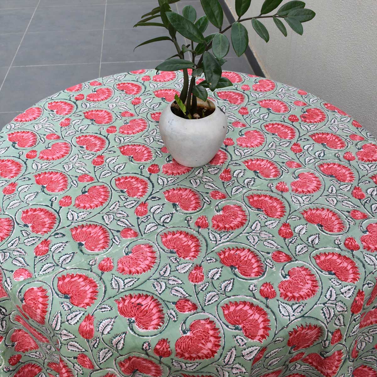 Hand Block Printed Cotton Round Tablecloth 275 cms Kamal Gulabi Gud 206591
