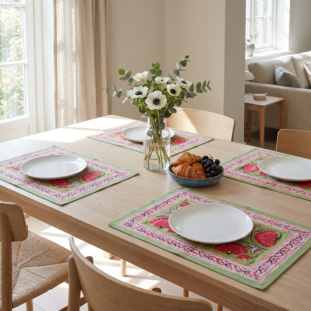 Hand Block Printed Cotton Canvas Table Mat 32x48 cms Set of 2 Table mats Kamal Gulabi Gud 206591