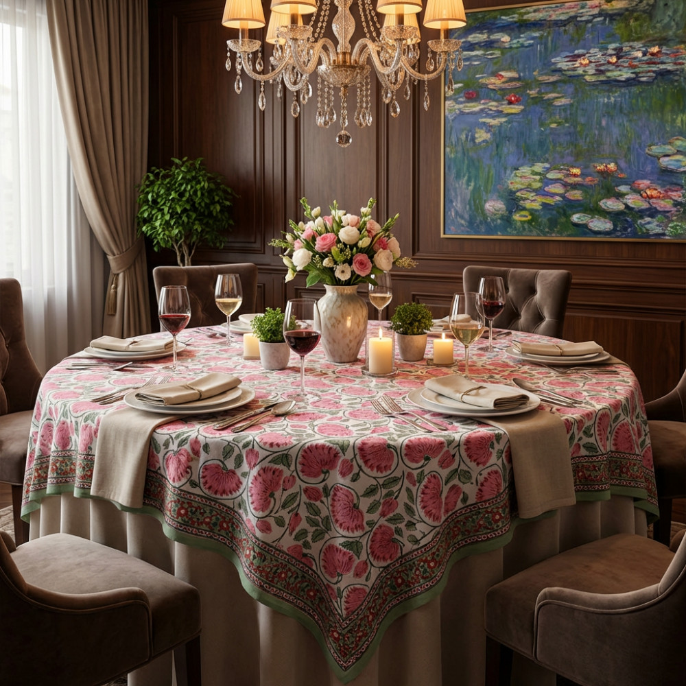 Image of Hand Block Printed Cotton Round Tablecloth 220 cm | Kamal Gulabi Open 103739