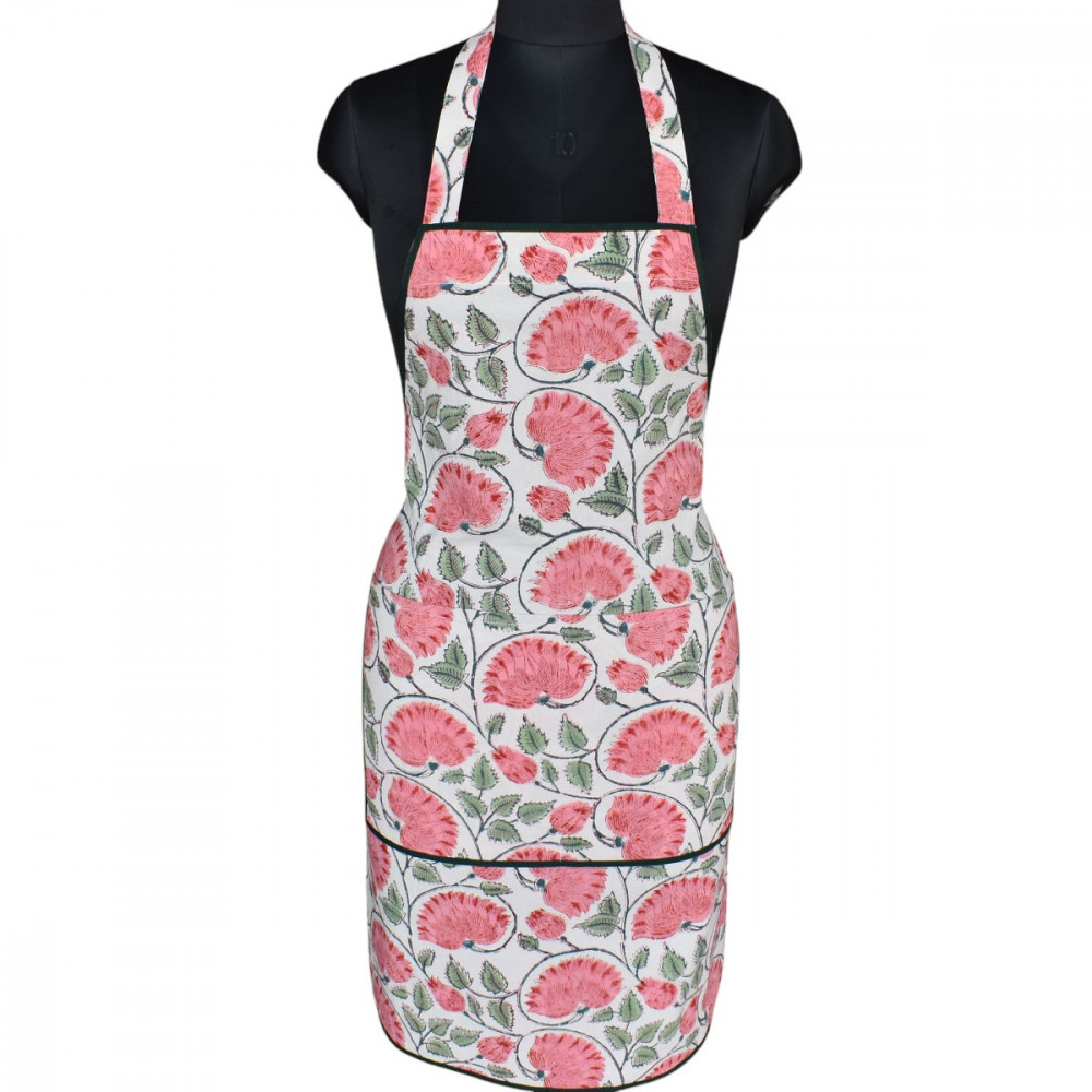 Image of Indian Block-Printed 100% Cotton Apron | Kamal Gulabi Open 103739