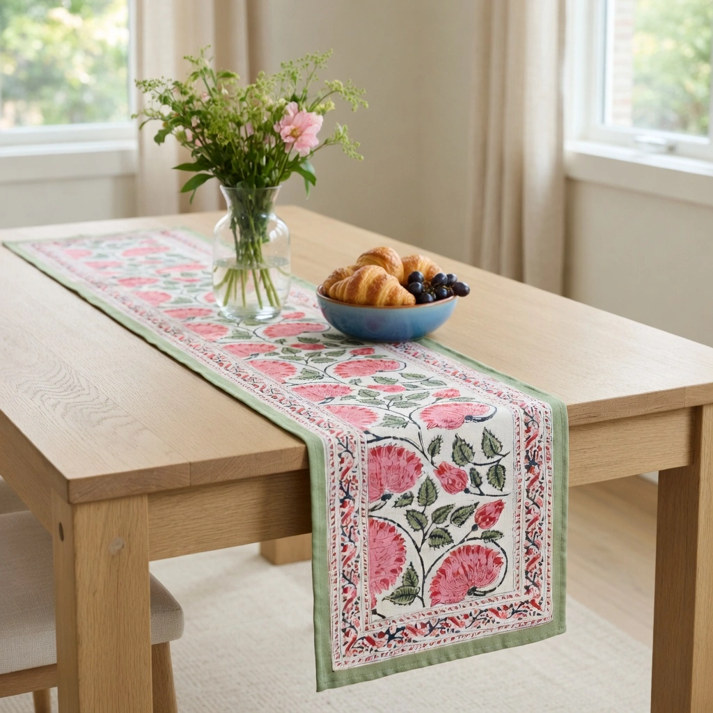 Hand Block Printed Cotton Canvas Table Runner 33x170 cms Kamal Gulabi Open 103739