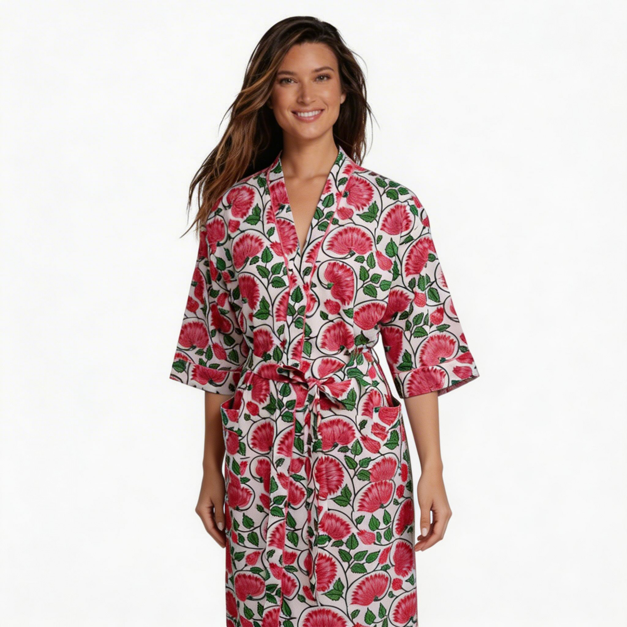 Indian Block-Printed 100 Cotton Kimono Kamal Gulabi Open 103739