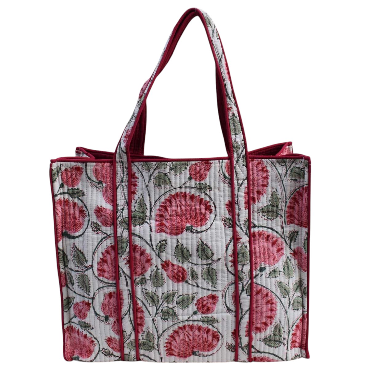 Hand Block Printed Cotton Quilted Tote Bag Kamal Gulabi Open 103739