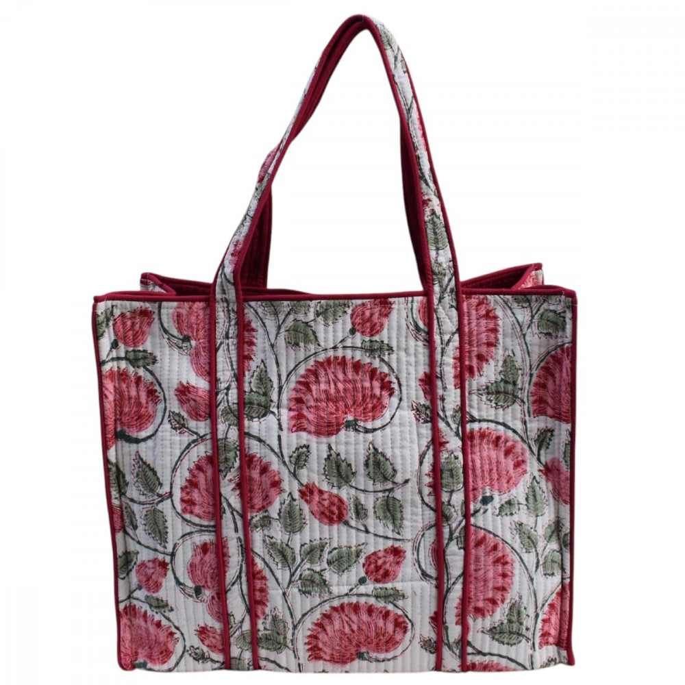 Image of Hand Block Printed Cotton Quilted Tote Bag | Kamal Gulabi Open 103739