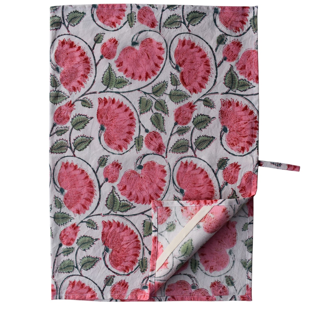 Hand Block Printed Cotton Kitchen Towels 50x70 cms Kamal Gulabi Open 103739
