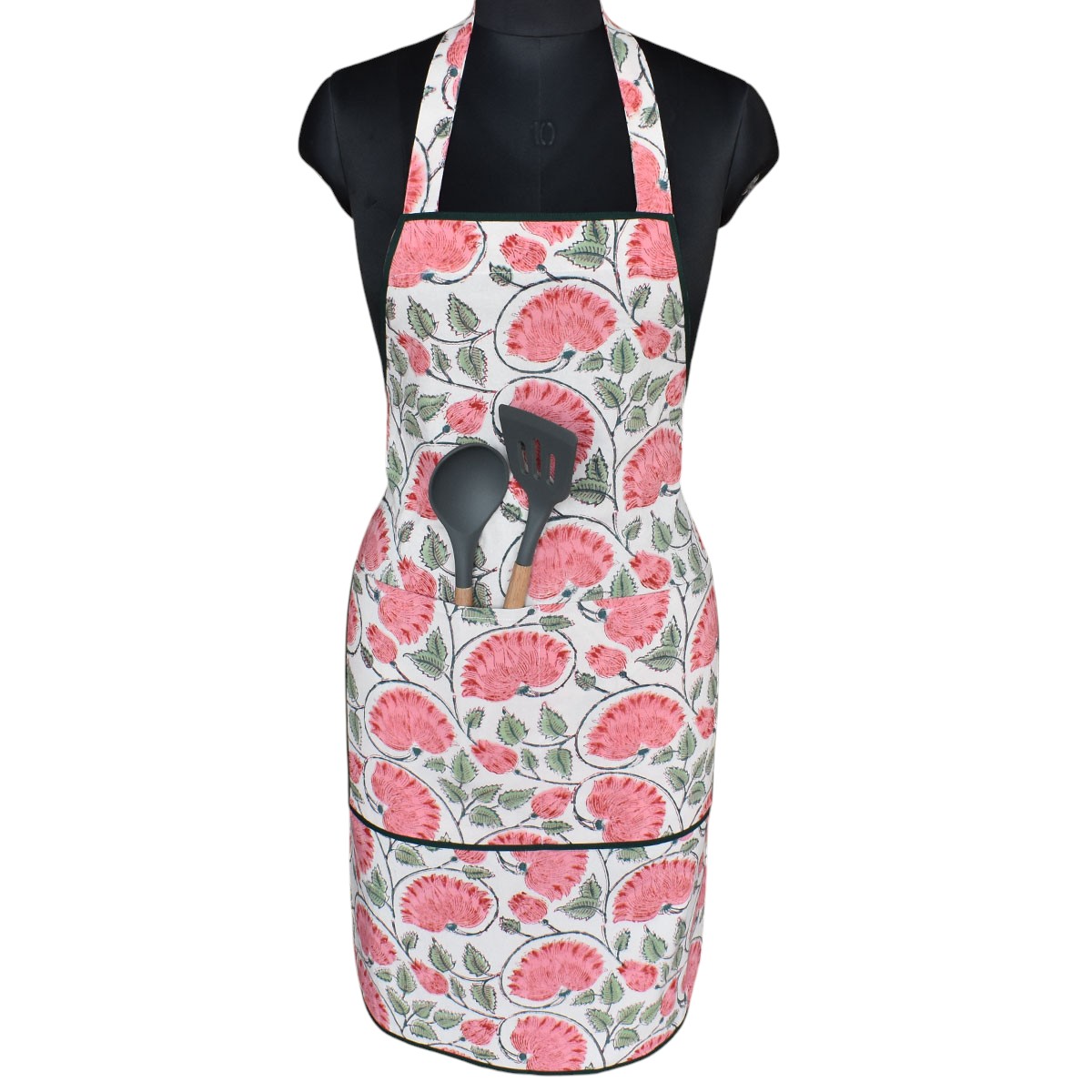 Indian Block-Printed 100 Cotton Apron Kamal Gulabi Open 103739