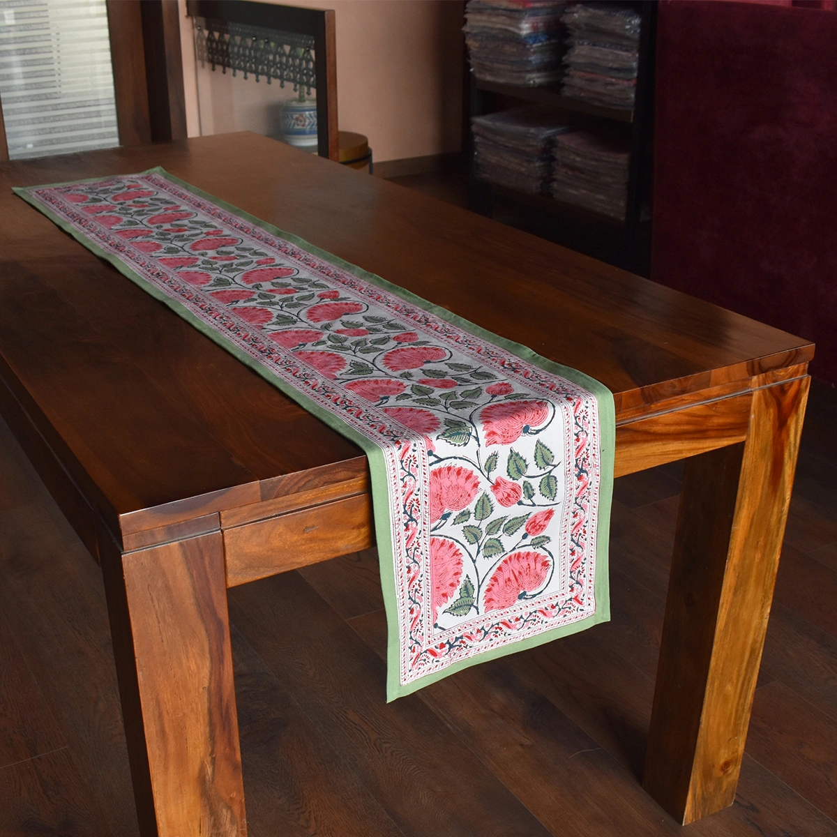 Hand Block Printed Cotton Canvas Table Runner 33x170 cms Kamal Gulabi Open 103739