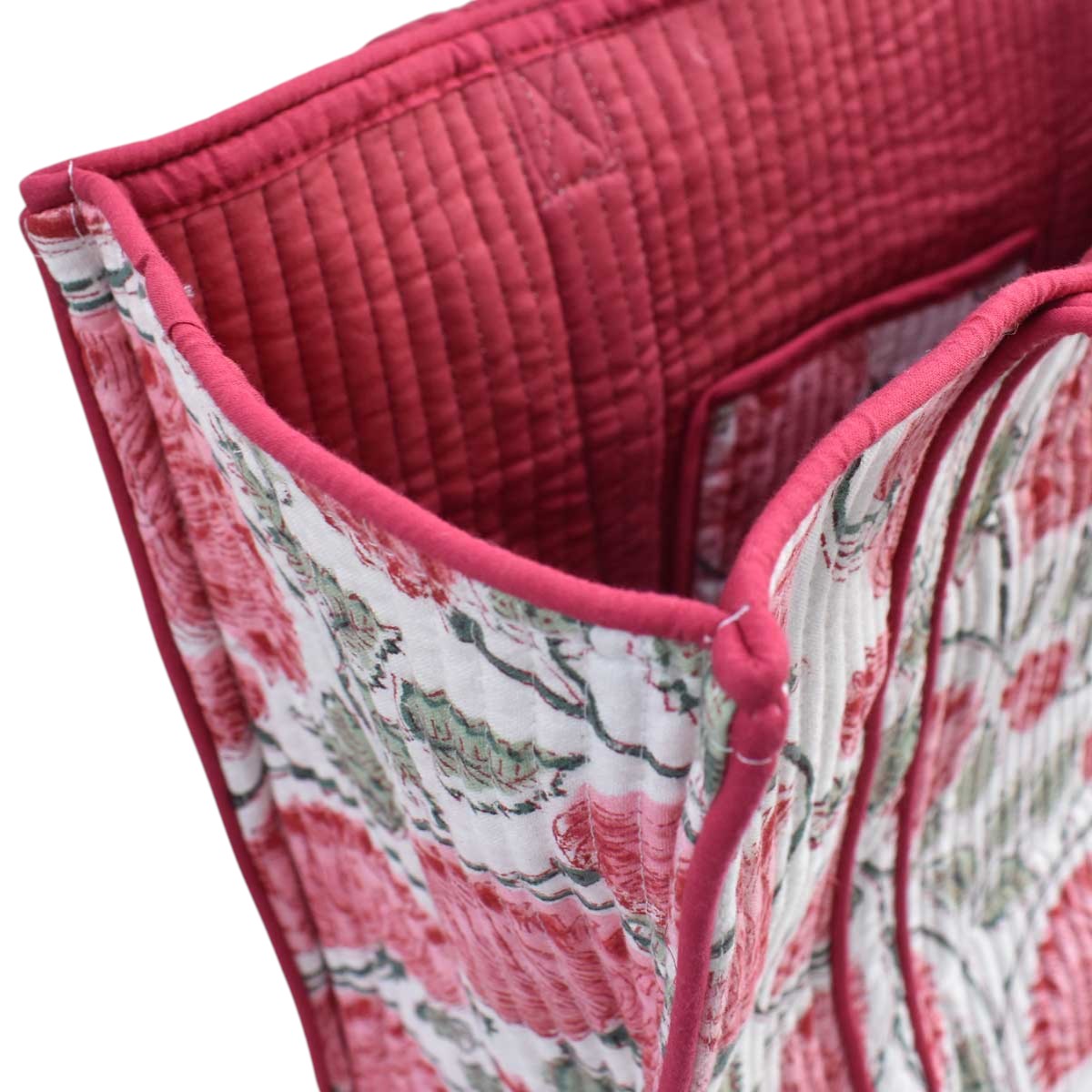 Hand Block Printed Cotton Quilted Tote Bag Kamal Gulabi Open 103739